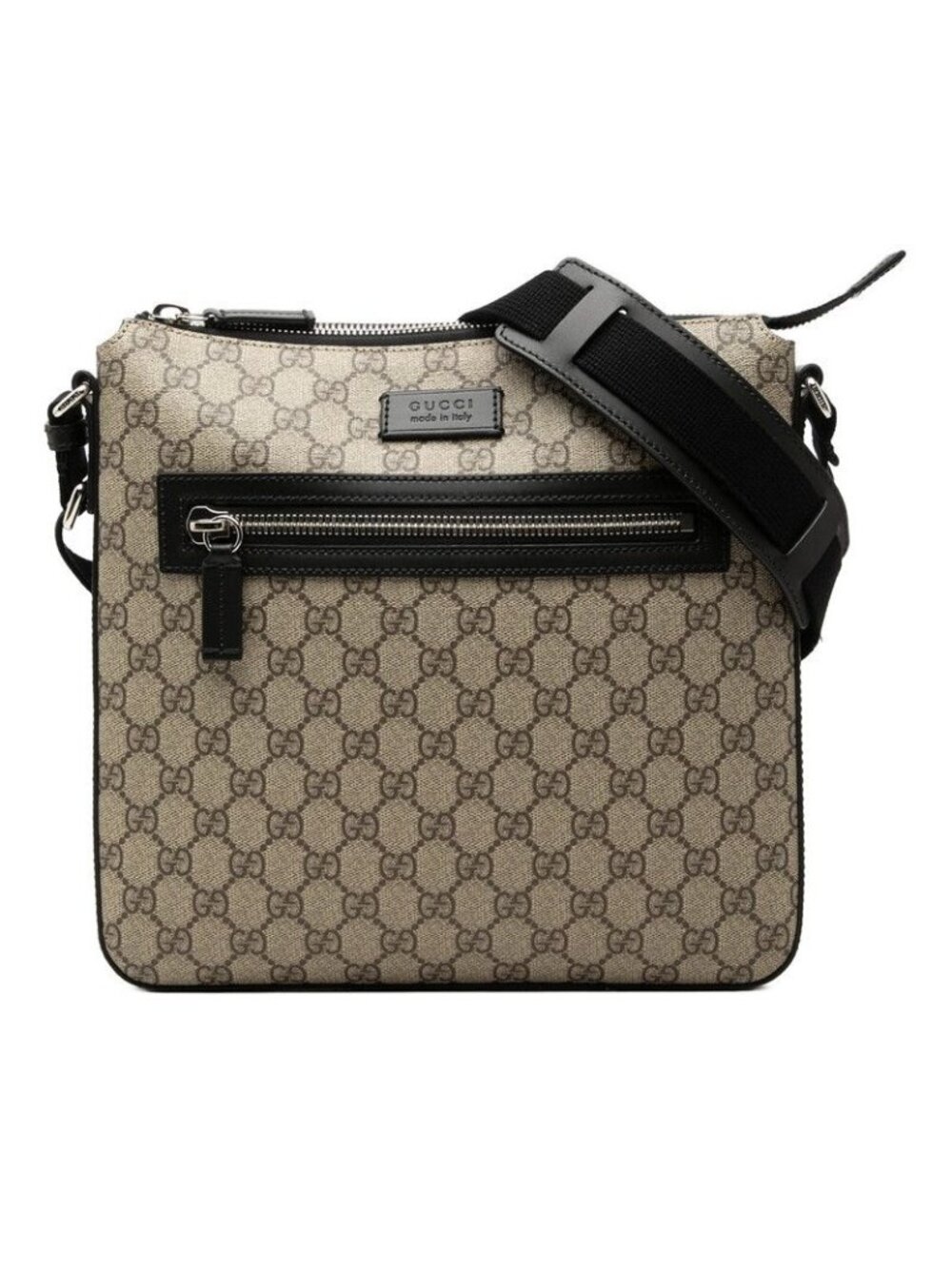Gucci GG Supreme Crossbody Shoulder Bag Beige Black Leather